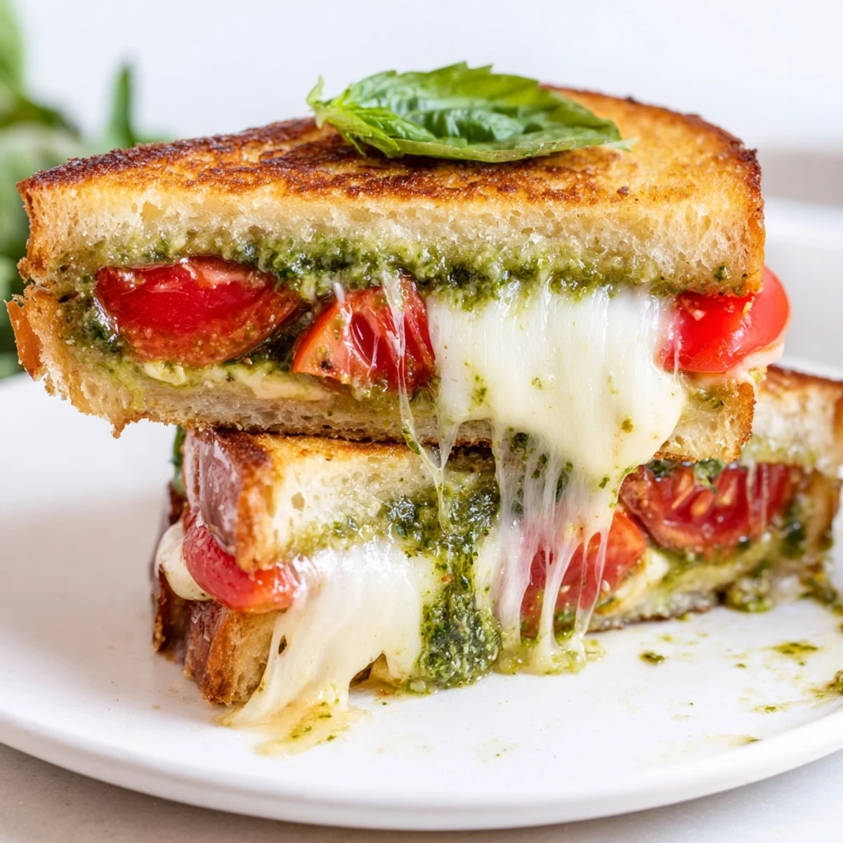 Golden-brown Caprese Pesto Grilled Cheese sandwich with melted mozzarella and tomato slices on rustic sourdough.  