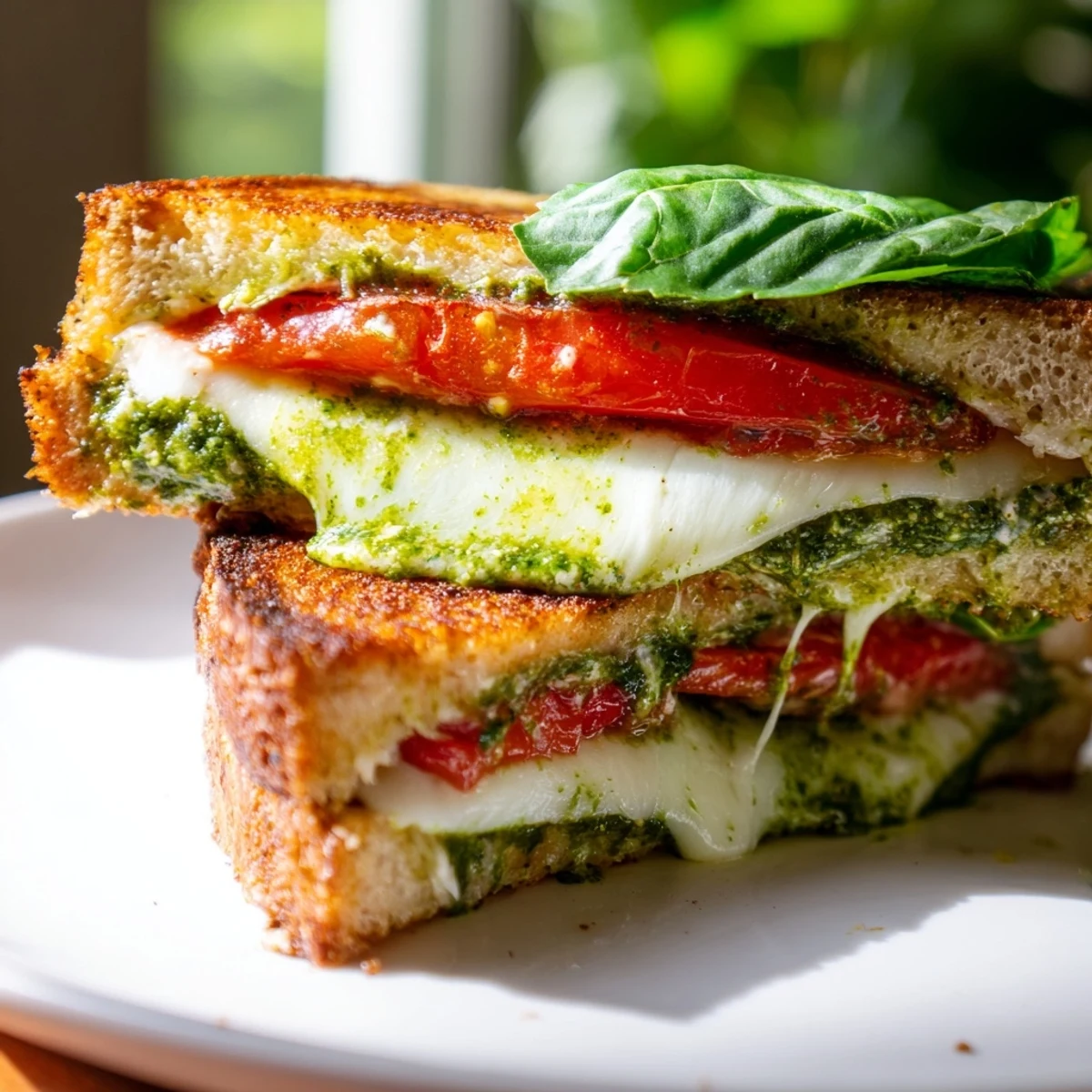 Caprese Pesto Grilled Cheese layered with juicy tomato, fresh mozzarella, and basil pesto, cut diagonally.  