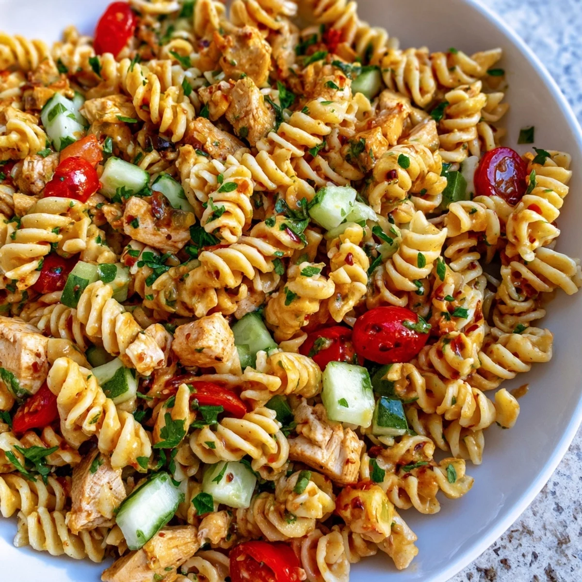 Bright, colorful Honey Mustard Chicken Pasta Salad with tender diced chicken, spiral fusilli pasta, and crisp red bell peppers, cucumbers, and cherry tomatoes in a creamy golden honey-mustard dressing.