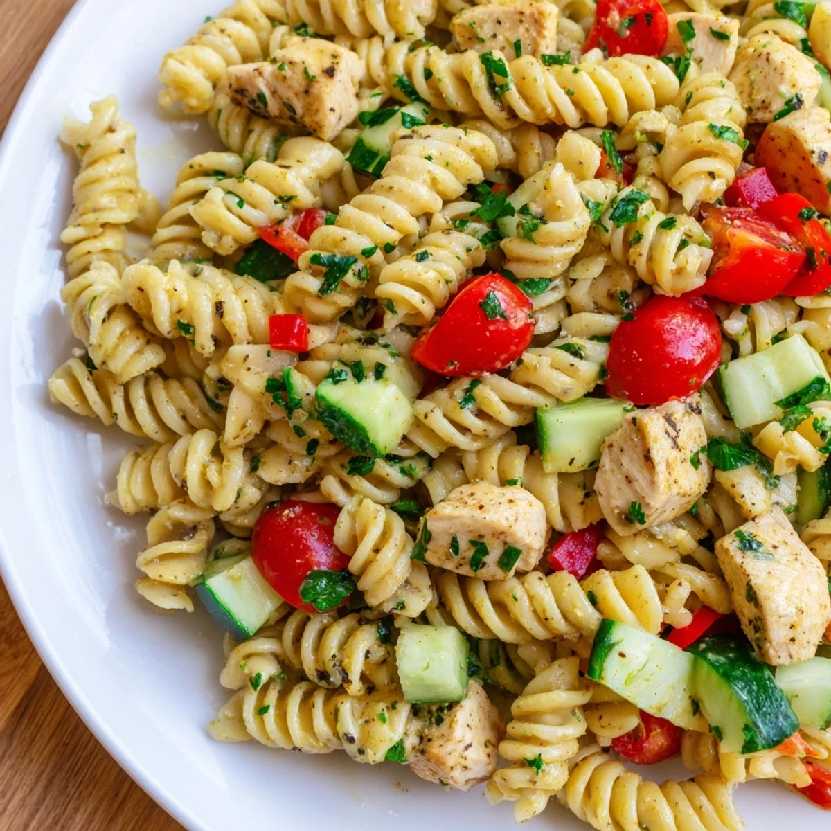 A refreshing bowl of Honey Mustard Chicken Pasta Salad featuring spiral pasta, juicy chicken, and crunchy vegetables tossed in zesty honey-mustard dressing, garnished with fresh parsley for a light, satisfying meal.