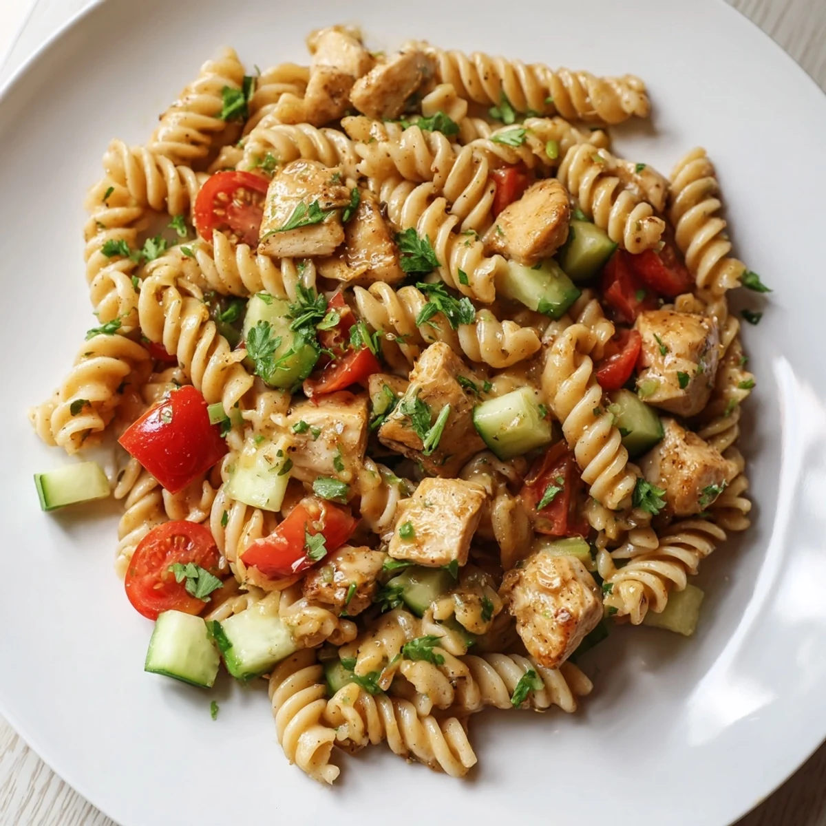 Hearty Honey Mustard Chicken Pasta Salad served over mixed greens, blending savory grilled chicken, cold fusilli pasta, and crisp veggies like celery and red onion in a tangy-sweet homemade dressing.