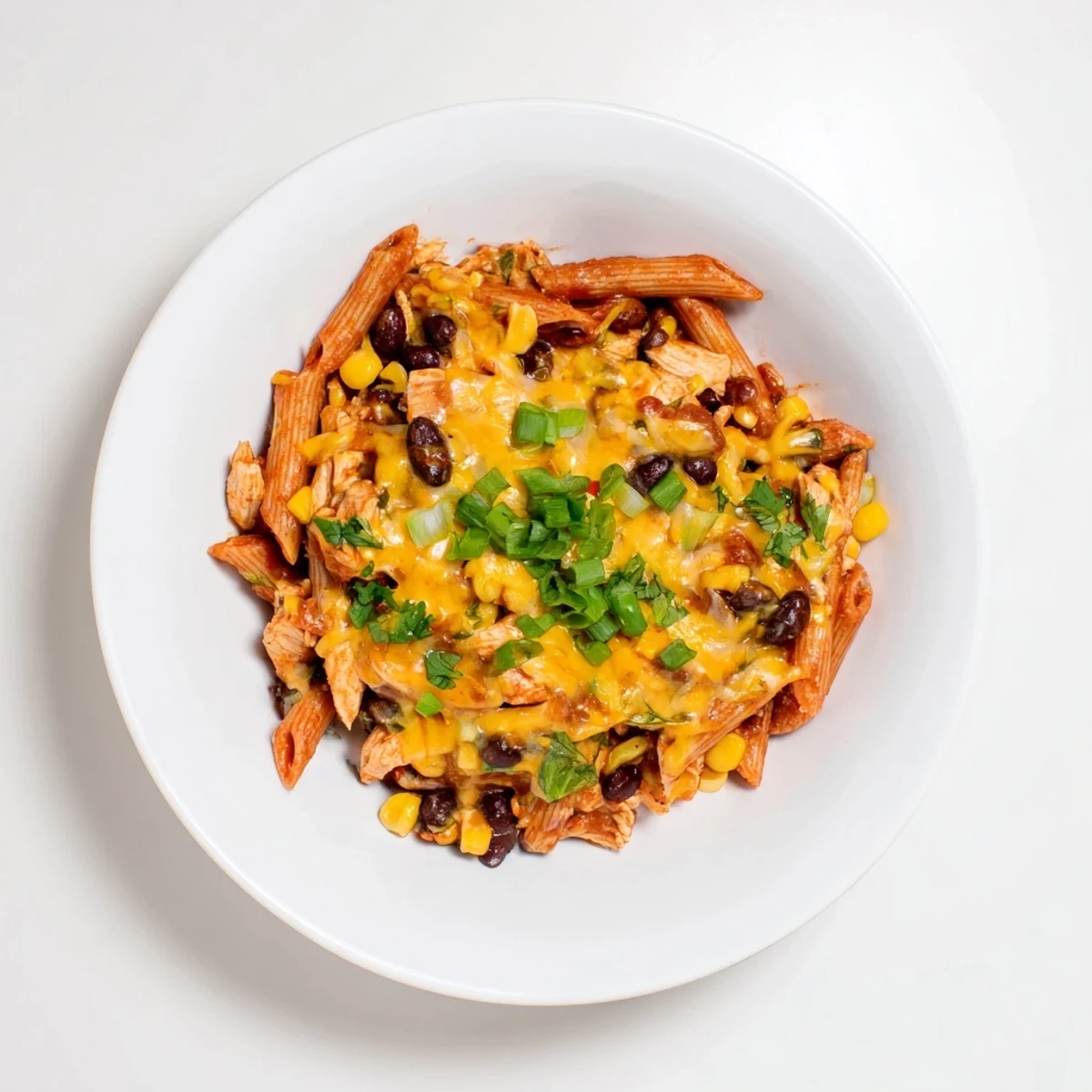 Steaming Chicken Enchilada Pasta in a skillet with melted cheddar and Monterey Jack cheese.