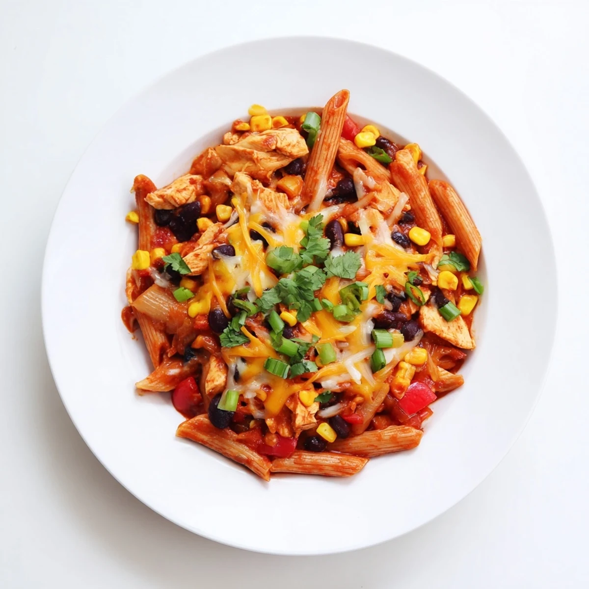 A close-up of Chicken Enchilada Pasta garnished with fresh cilantro and diced avocado.