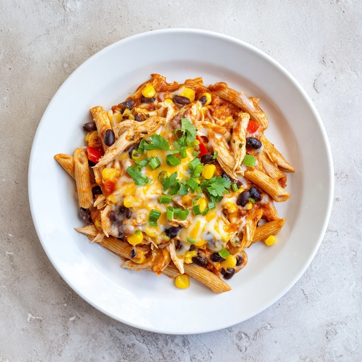 Serving suggestion for Chicken Enchilada Pasta topped with sour cream and green onions.