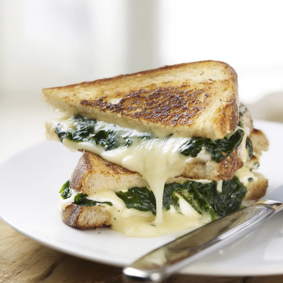 Thick slices of bread hold a savory filling of spinach and feta, perfectly grilled to golden perfection.  