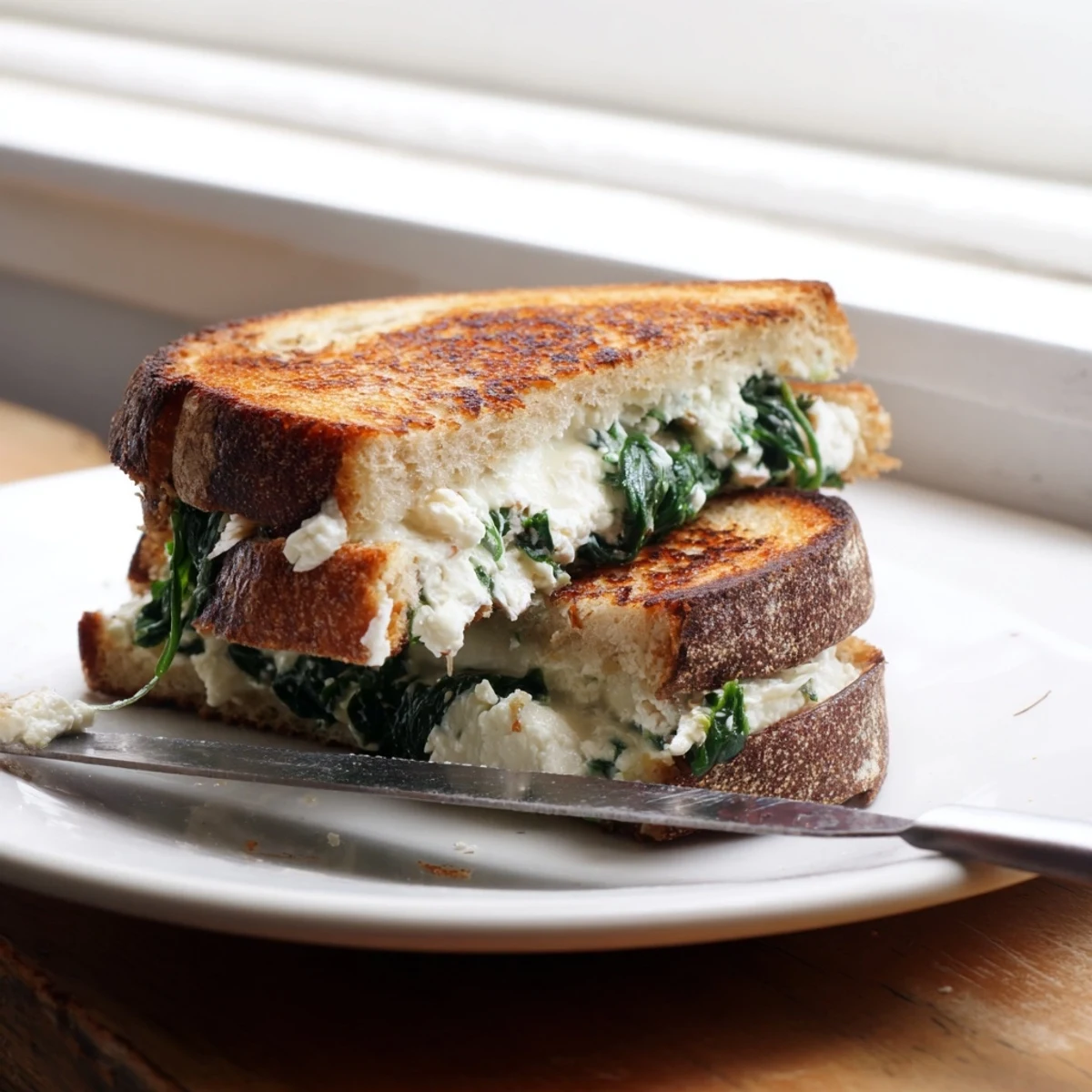 This vegetarian Feta & Spinach Stuffed Grilled Cheese is sliced to reveal the vibrant, flavorful interior.