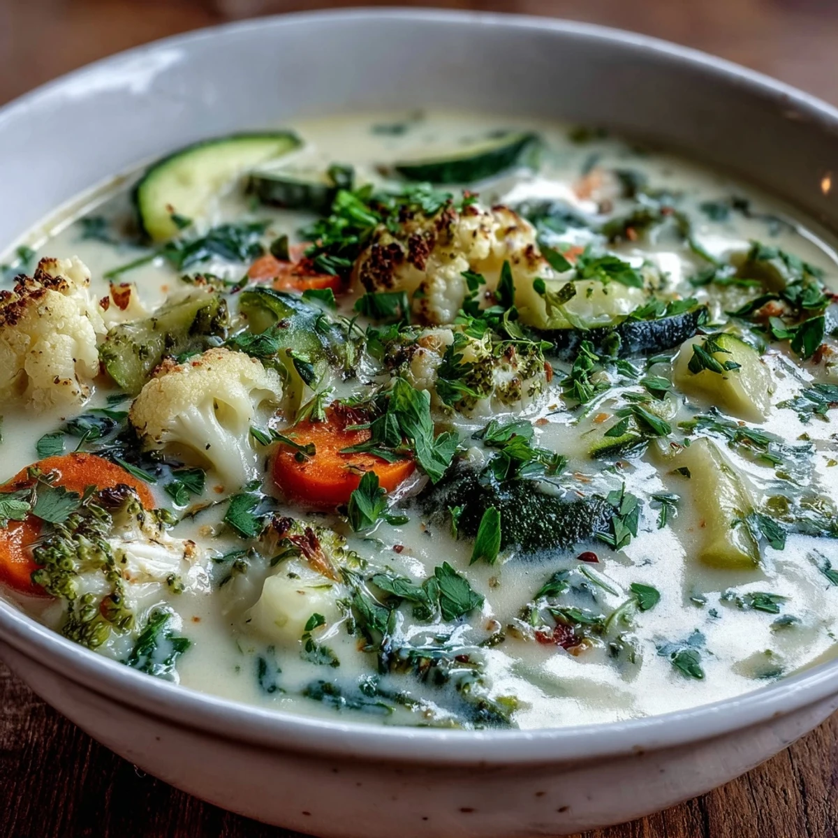 A steaming bowl of Creamy Vegetable Soup with a velvety broth and tender, colorful vegetable chunks, perfect for a cozy lunch.  
