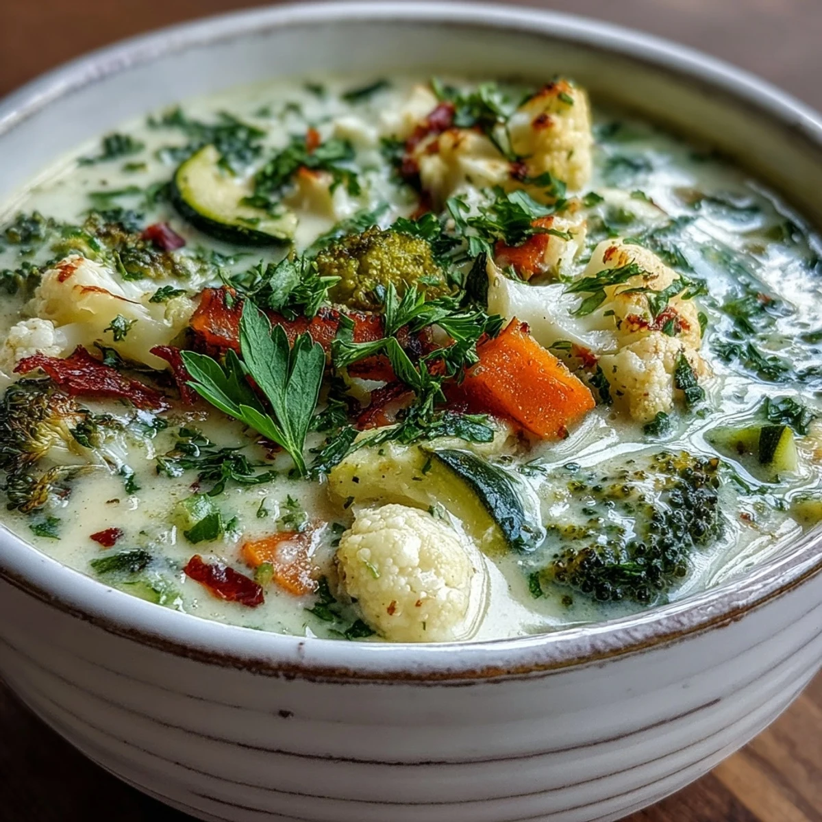 Blending Cooked vegetables in a pot to create Creamy Vegetable Soup, with milk and cream stirred in for a comforting, smooth texture.