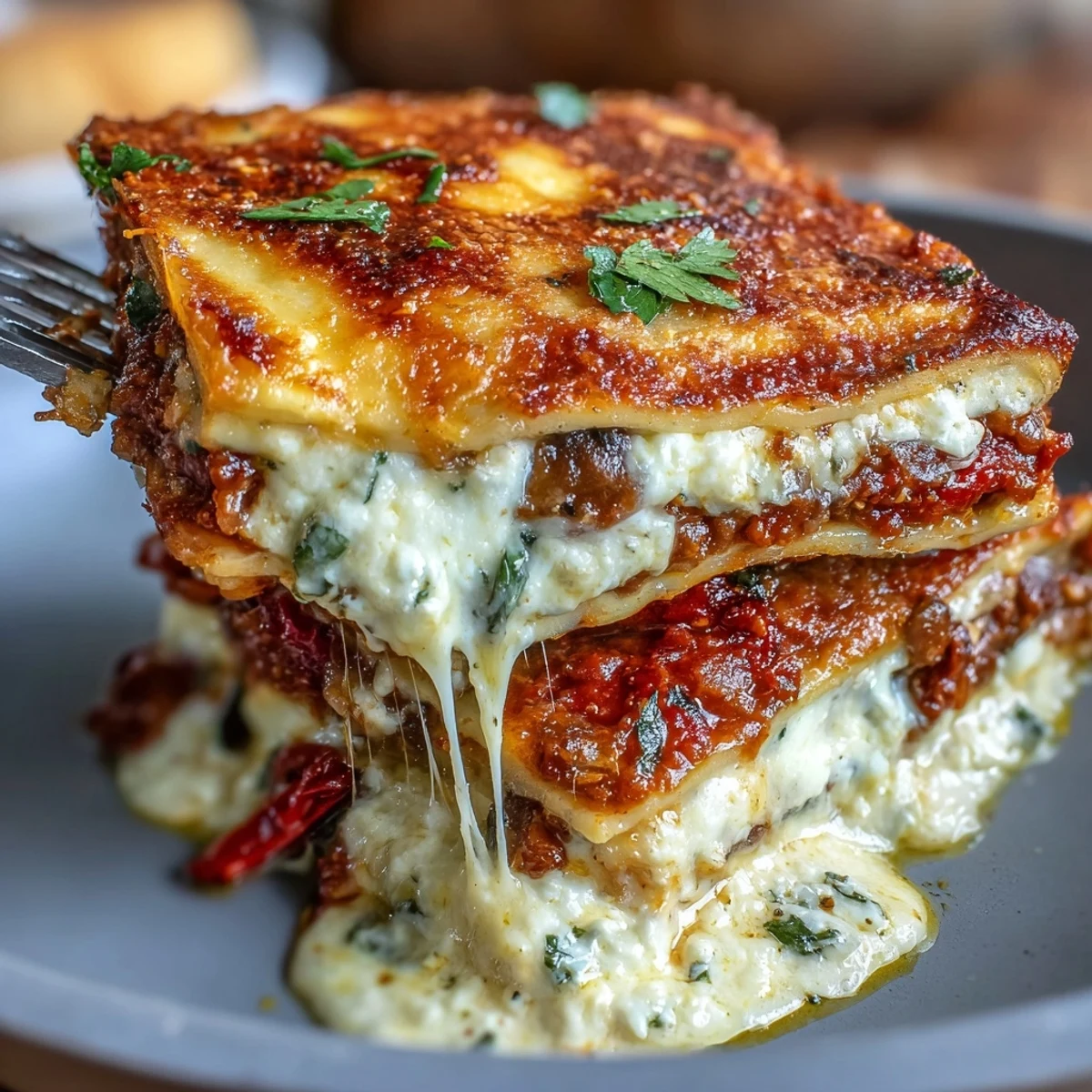 One-Pan Smoky Veggie Lentil Lasagne served in a rustic skillet with a side of green salad.  