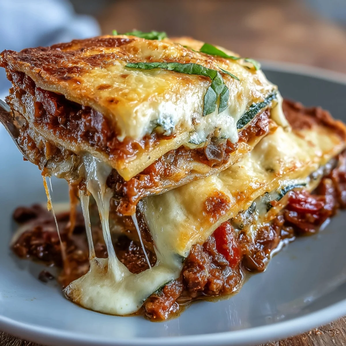 Layers of One-Pan Smoky Veggie Lentil Lasagne show red lentils, mushrooms, and zucchini in a smoky sauce.