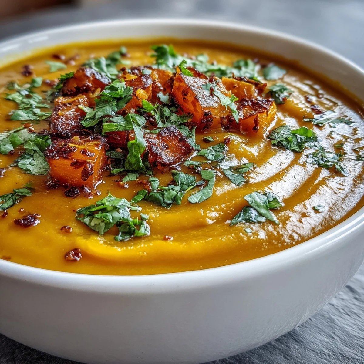 Close-up of creamy vegan butternut squash and lentil soup, showcasing the smooth orange texture topped with fresh parsley and a lemon wedge.