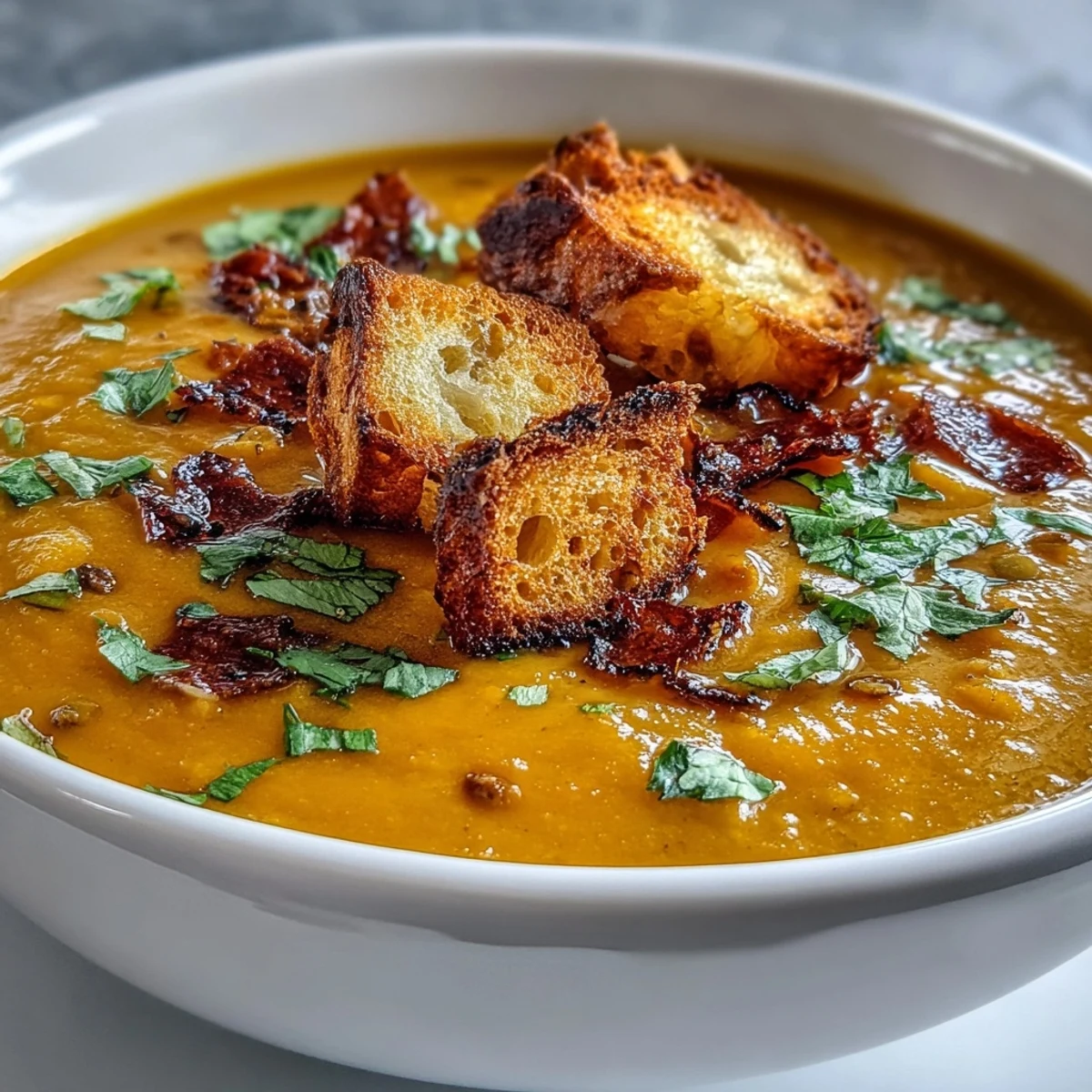 Vibrant roasted butternut squash and lentil soup simmering in a pot, featuring golden squash cubes and aromatic spices like cumin and turmeric.