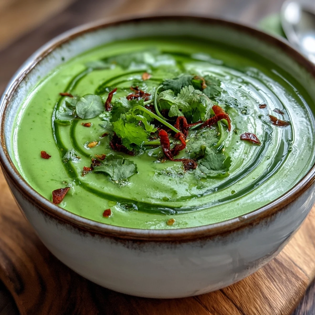 Creamy green Spinach Coriander Lemongrass Soup in a rustic bowl, garnished with fresh herbs and chili slices.