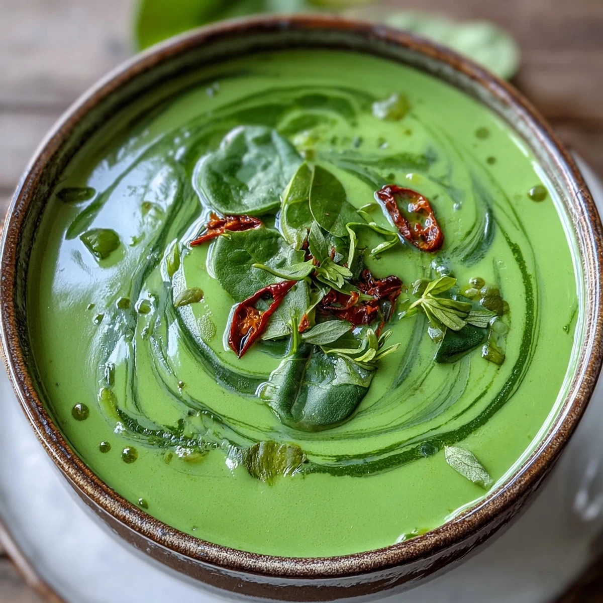 Homemade Spinach Coriander Lemongrass Soup served hot, featuring fresh cilantro garnish beside warm crusty bread.