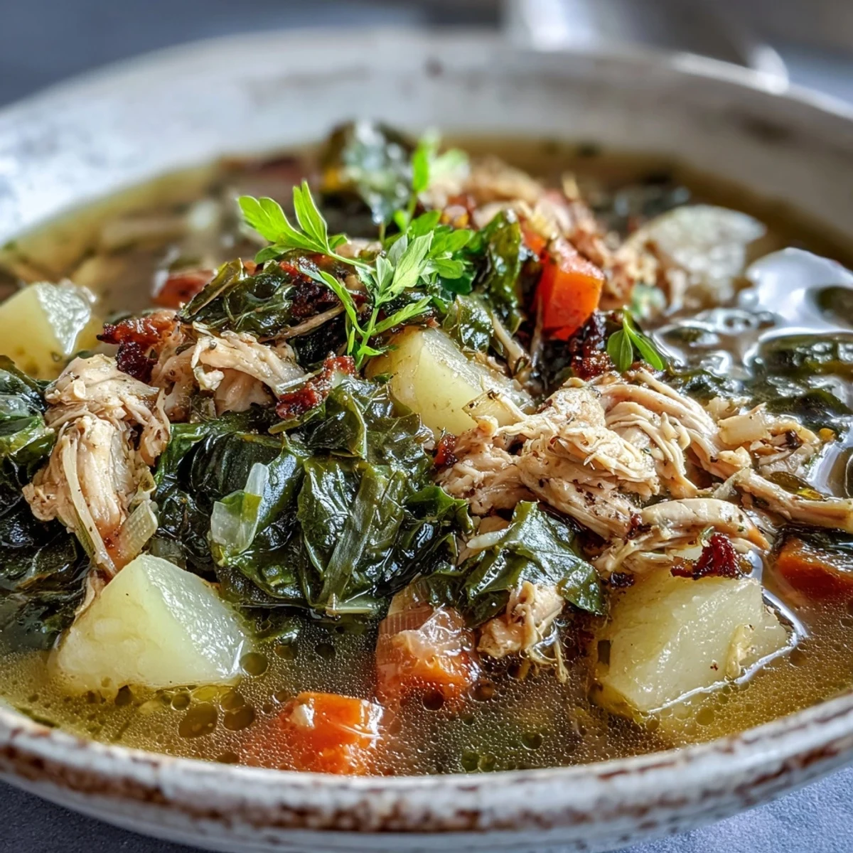 A steaming bowl of hearty Collard Greens, Chicken and Vegetable Soup with tender chicken, potatoes, and vibrant greens.