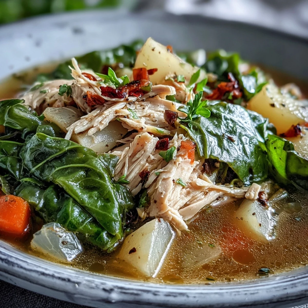 Close-up of a rustic bowl of Collard Greens, Chicken and Vegetable Soup, featuring colorful vegetables in a savory broth.