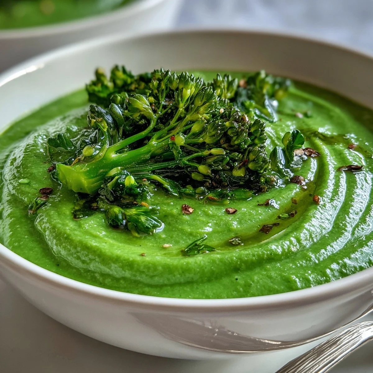 A bowl of creamy Big Green Immunity-Boosting Vegetable Soup, vibrant with spinach, broccoli, and asparagus, served with a slice of crusty bread.  