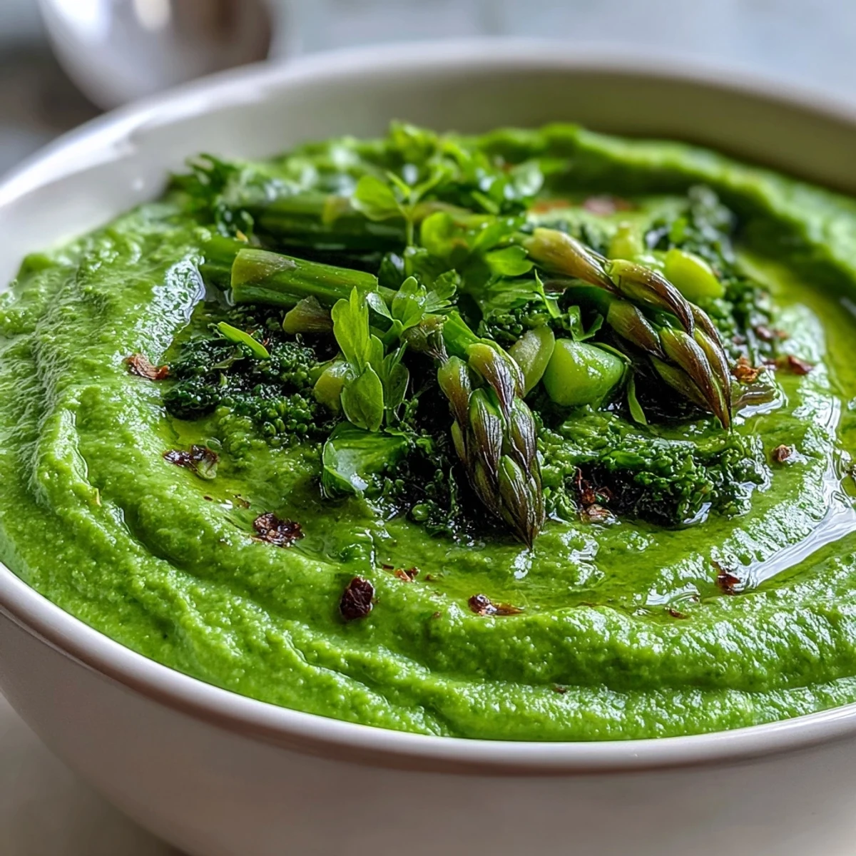 Steaming bowl of Big Green Immunity-Boosting Vegetable Soup, enriched with cashews, ready to enjoy as a cozy, healthy meal.