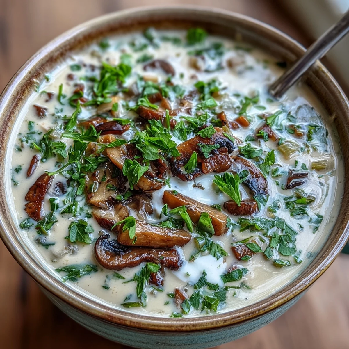 A bowl of creamy mushroom stroganoff soup garnished with fresh parsley and a dollop of sour cream.