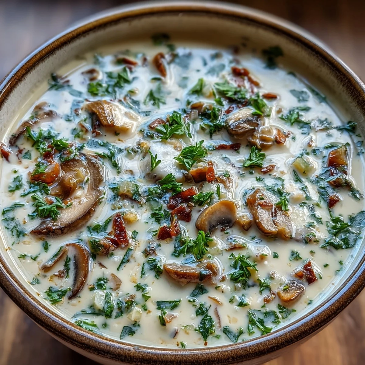 Creamy mushroom stroganoff soup steaming in a rustic ceramic bowl, perfect for a cozy weeknight dinner.