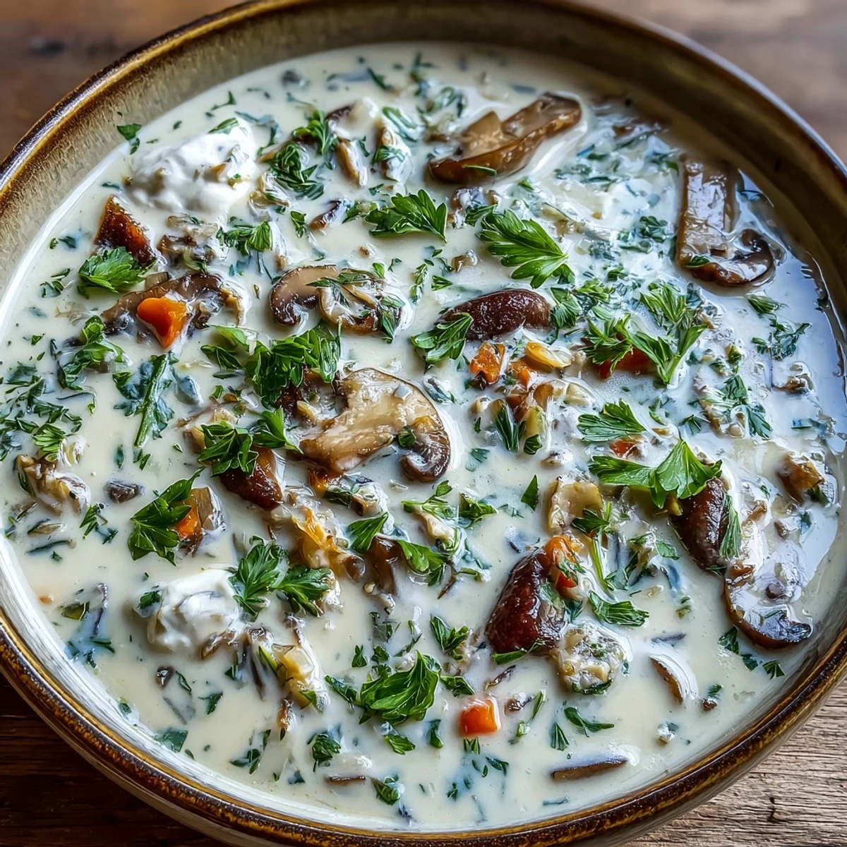 Rich and luscious mushroom stroganoff soup served hot, showcasing the golden broth and tender mushroom slices.