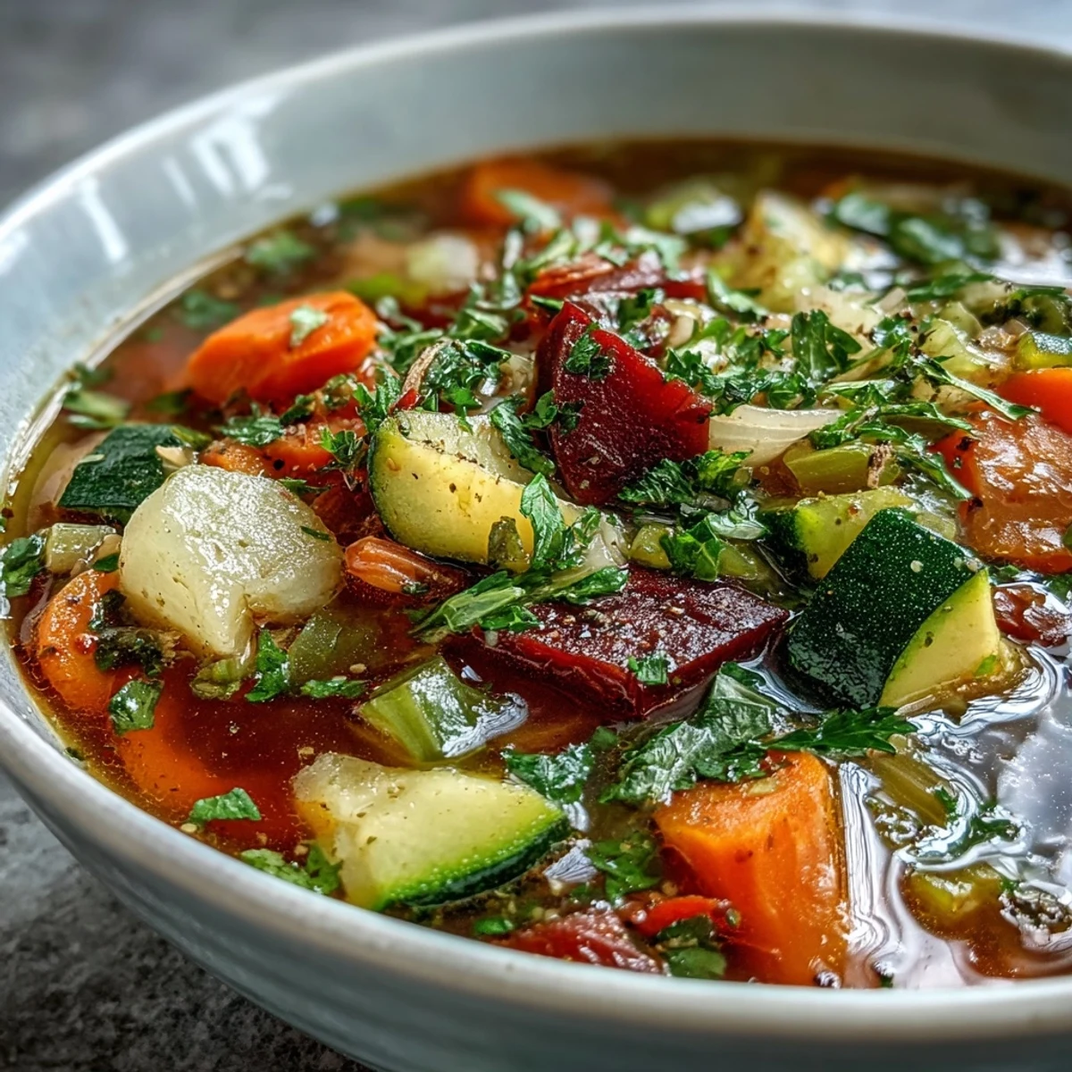 Steaming bowl of Rainbow Vegetable Detox Soup, featuring bright red beets, orange carrots, and green zucchini in broth.