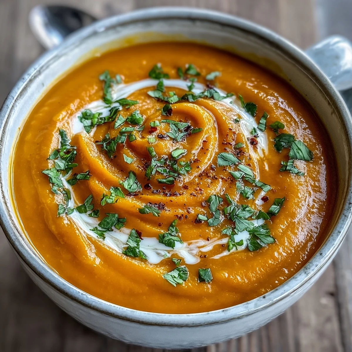Creamy carrot and celeriac soup with a swirl of coconut yogurt and fresh herbs.