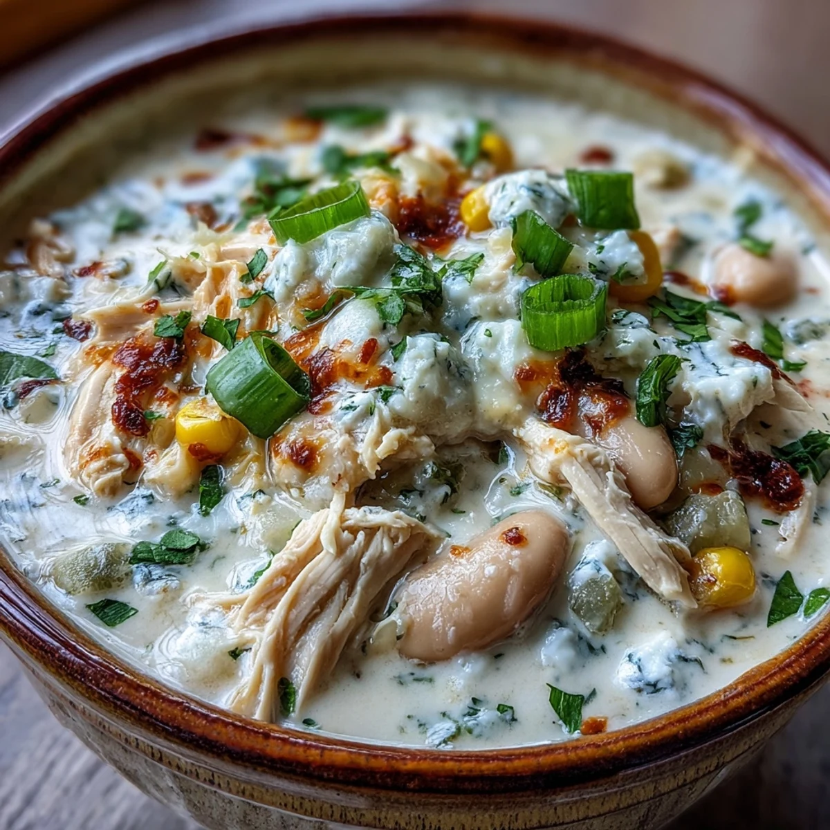 Creamy White Chicken Chili in a rustic pot, featuring tender shredded chicken, white beans, and sweet corn kernels.