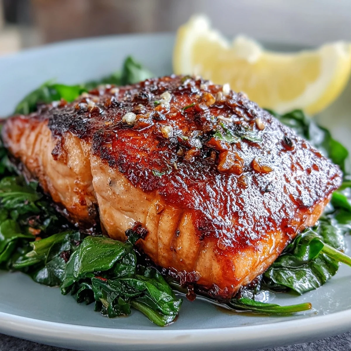 Air Fryer Salmon and Swiss Chard with crispy skin, resting on a bed of garlicky greens next to bright lemon wedges.
