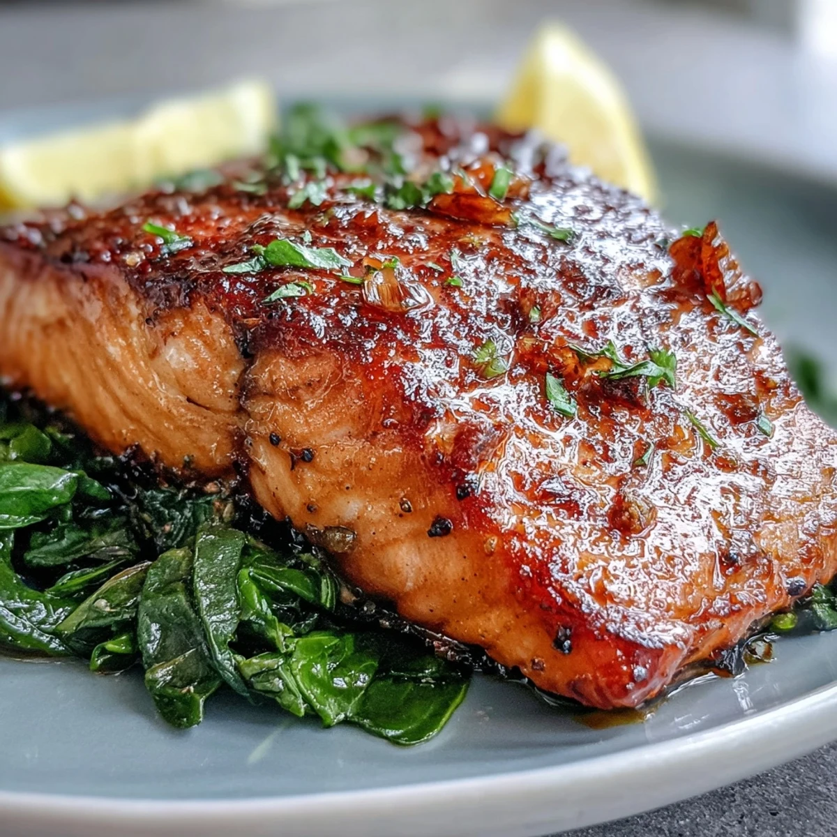 Freshly cooked Air Fryer Salmon and Swiss Chard plated for dinner, featuring tender fillets flaking easily with a fork.