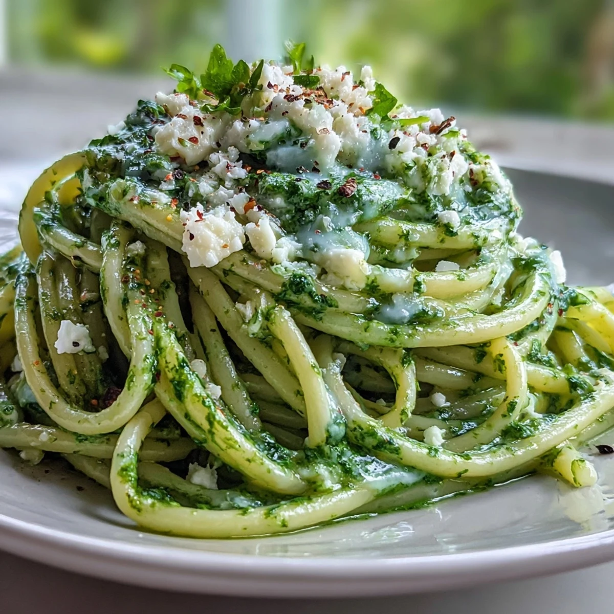 Bright green arugula pesto clings to al dente linguine, topped with fresh basil leaves for an easy vegetarian dinner.