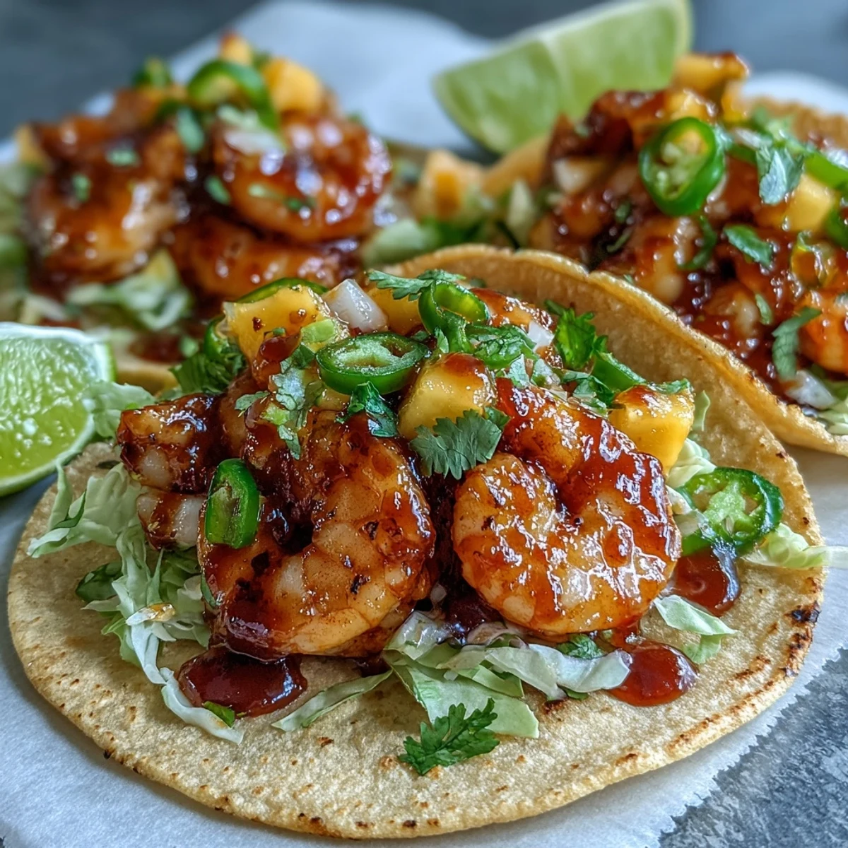 Warm corn tortillas filled with spicy Sriracha Shrimp Tacos with Mango Salsa, topped with crunchy red cabbage.