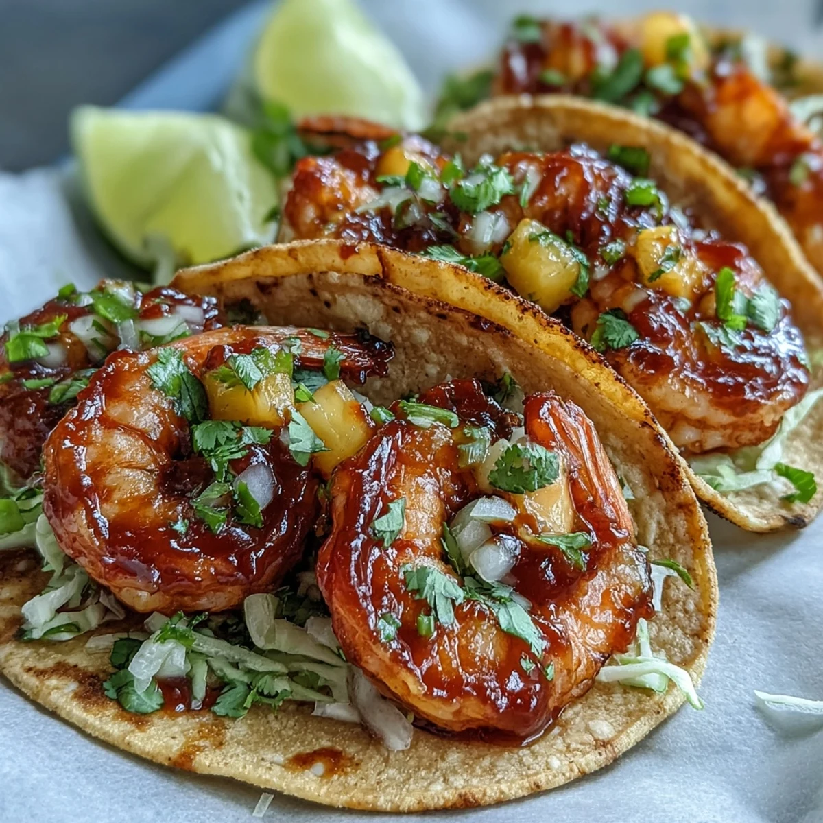 Fresh Sriracha Shrimp Tacos with Mango Salsa ready to serve, garnished with cilantro and lime wedges.