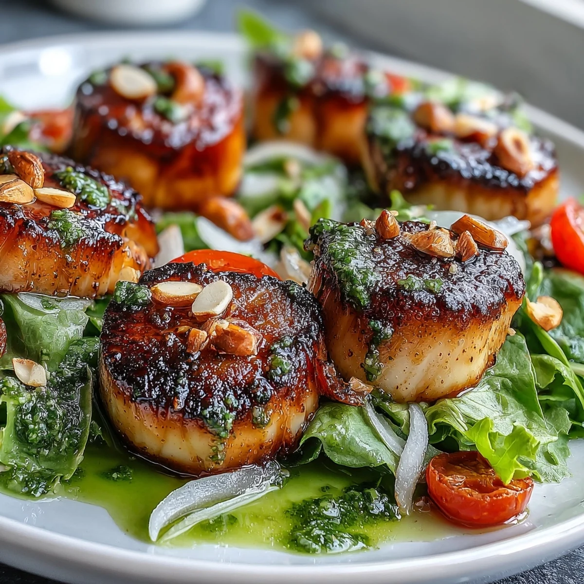 Perfect for a fast dinner, the seared scallops with escarole salad and pesto vinaigrette features toasted pine nuts.
