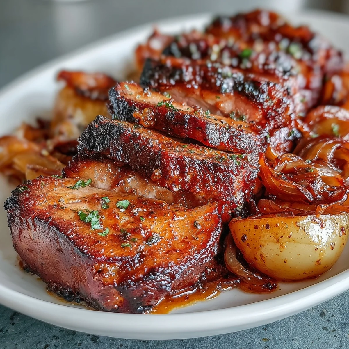 Gluten-free Pork and Aromatic Rhubarb Traybake with glazed rhubarb pieces and golden pork.