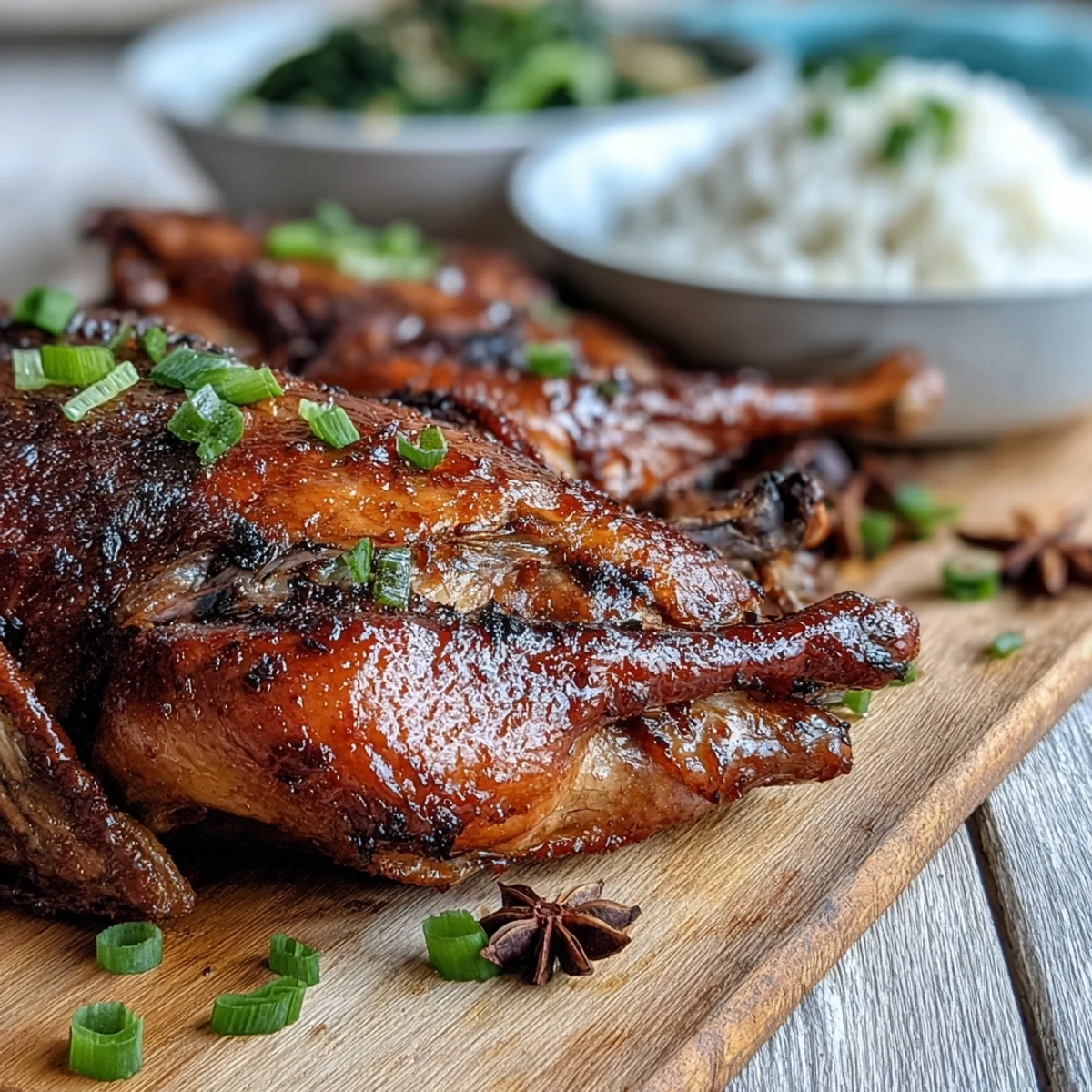 Golden-brown Five-Spice Roast Ducks resting after roasting, served with orange wedges and aromatic star anise.