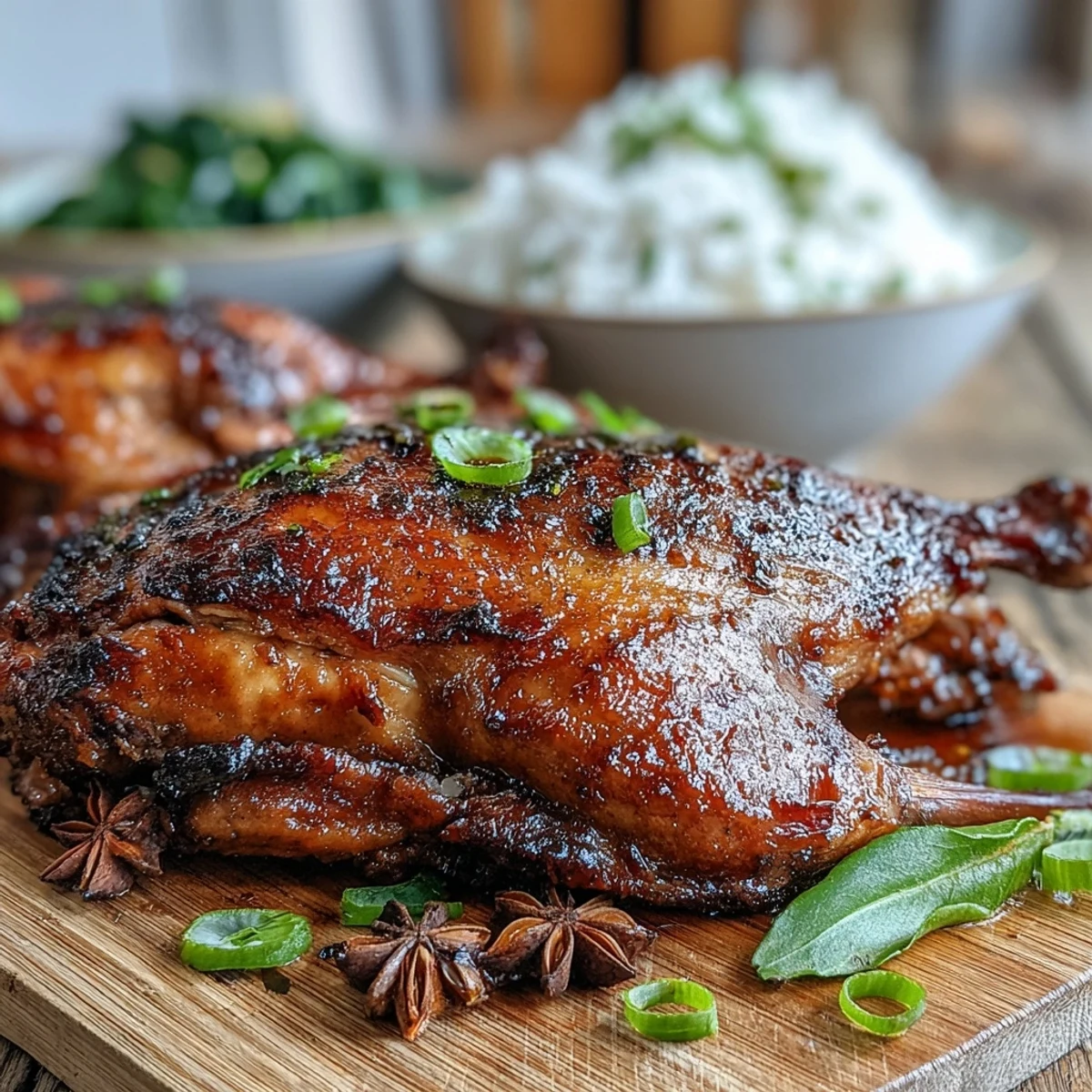 Close-up of crispy-skinned Five-Spice Roast Ducks, infused with ginger and garlic on a serving platter.