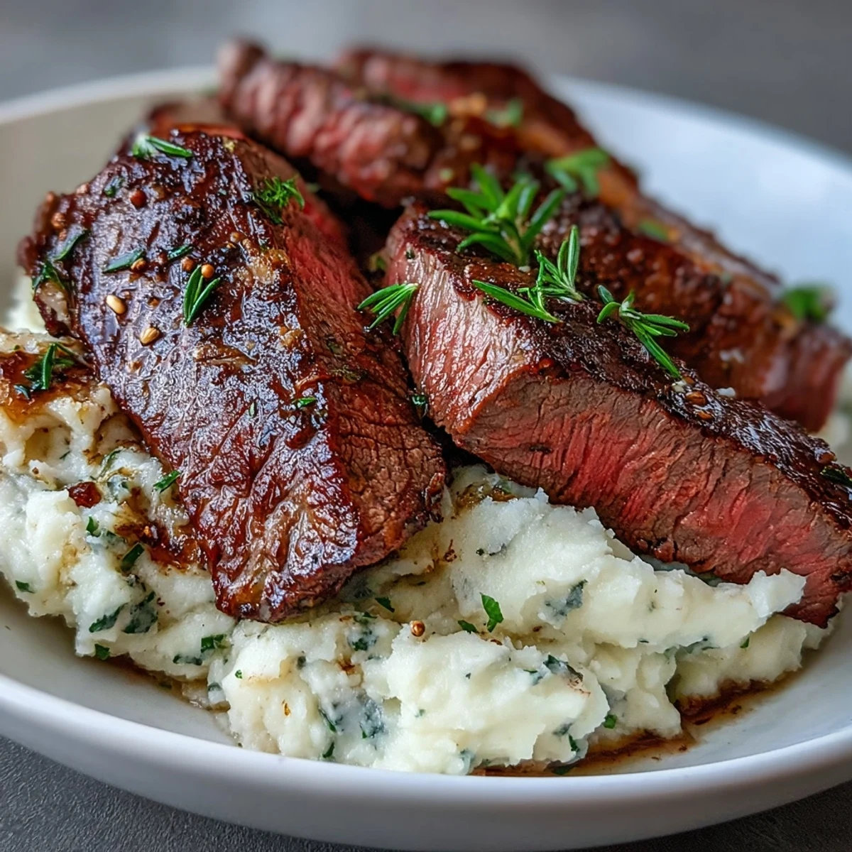 Golden-brown, pan-seared venison steaks resting on creamy swede mash speckled with toasted caraway seeds.