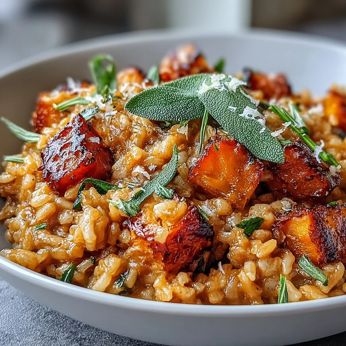 Rich bowl of Vegan Pumpkin Risotto With Crispy Sage, garnished with sage leaves, ready to enjoy with a glass of white wine.