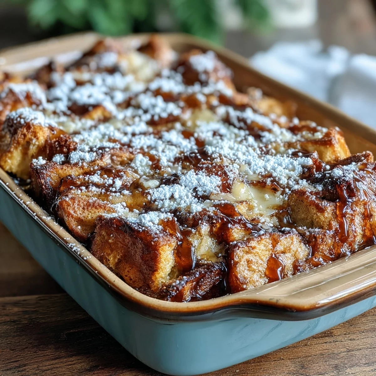 Monte Cristo Breakfast Casserole served warm on a brunch plate, garnished with fresh berries and a side of syrup.