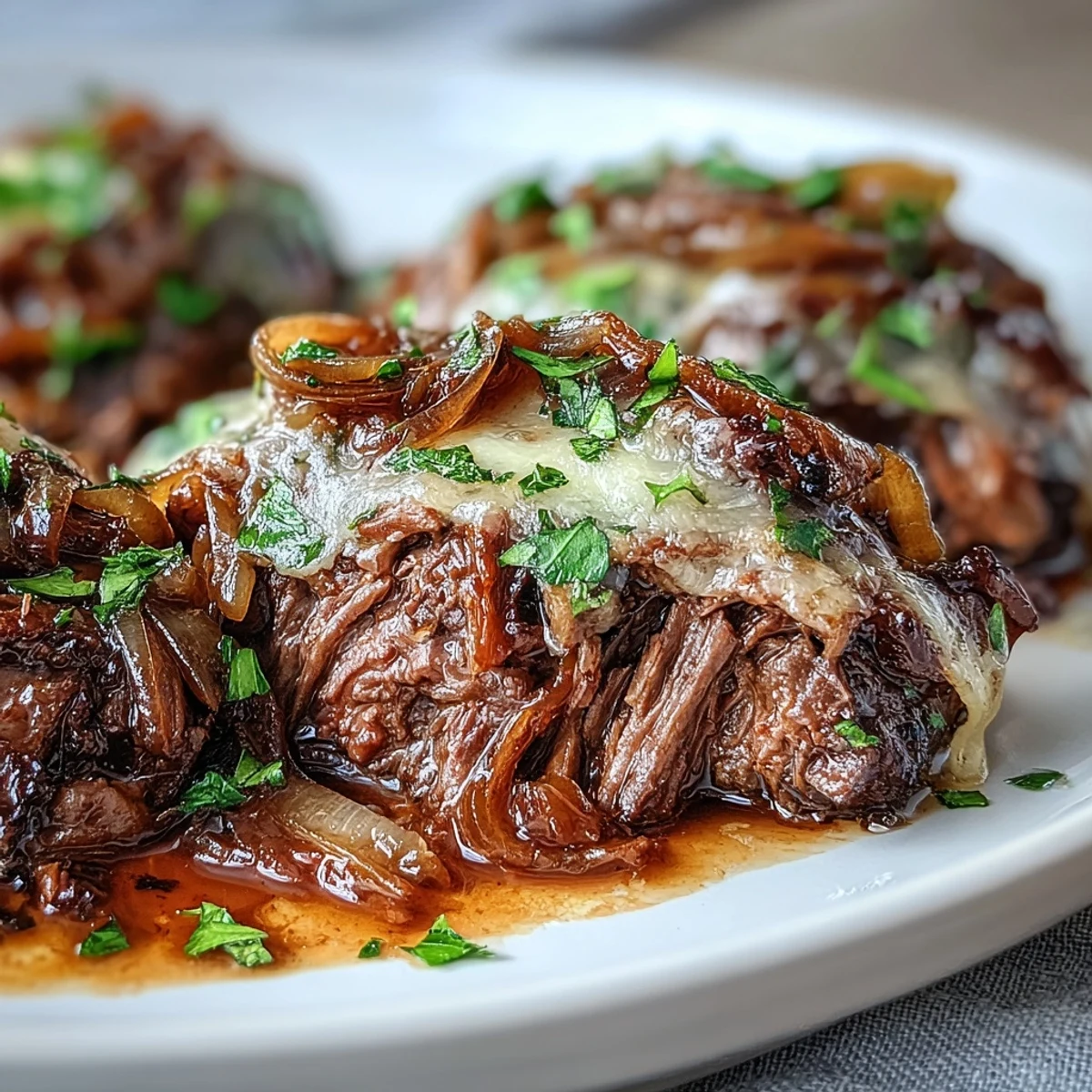 Savory Crock Pot French Onion Pot Roast simmers beef, caramelized onions, and thyme until fork-tender, topped with gooey melted Gruyère.
