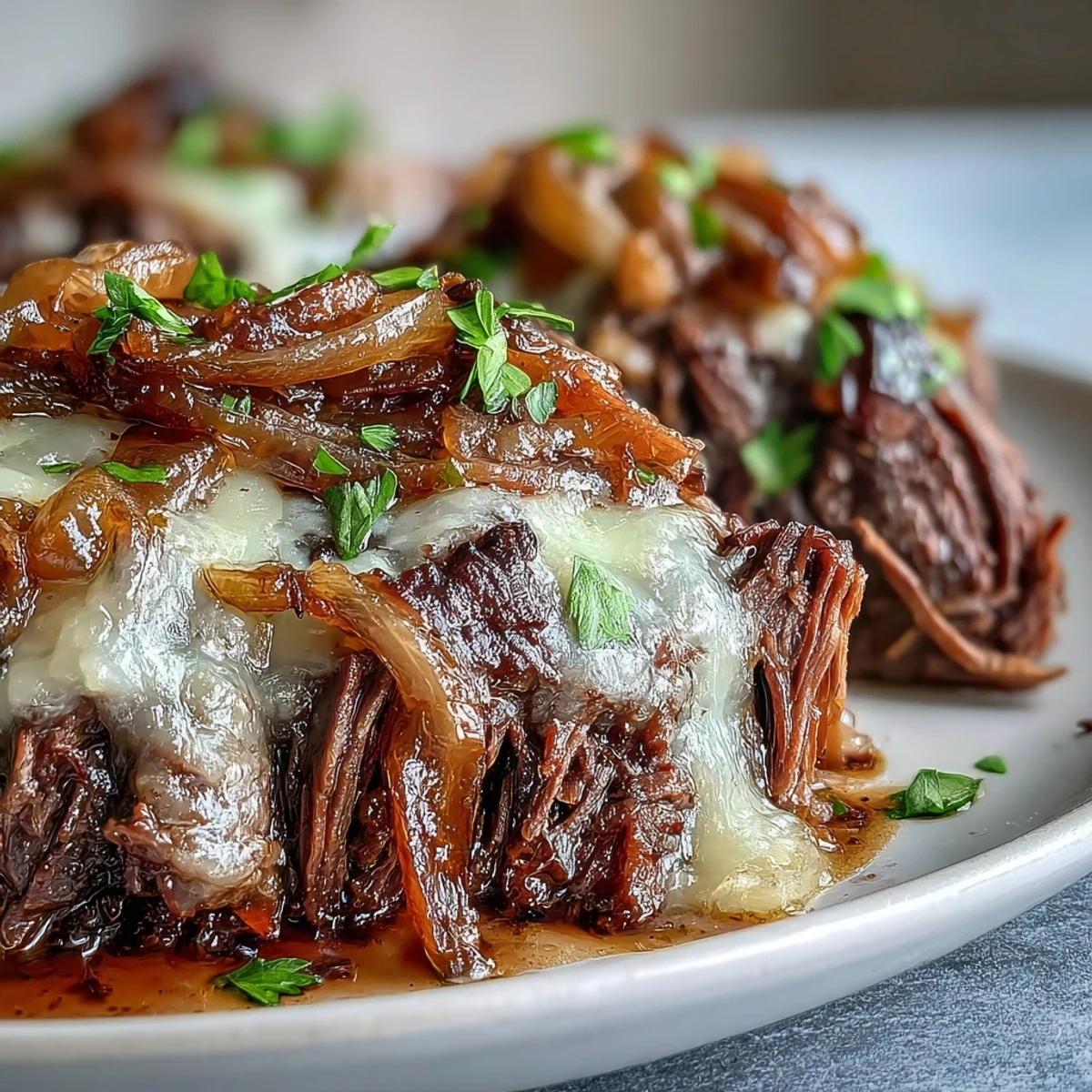 This hearty Savory Crock Pot French Onion Pot Roast releases rich, wine-infused juices and aromatic herbs in the slow cooker, ready to serve.