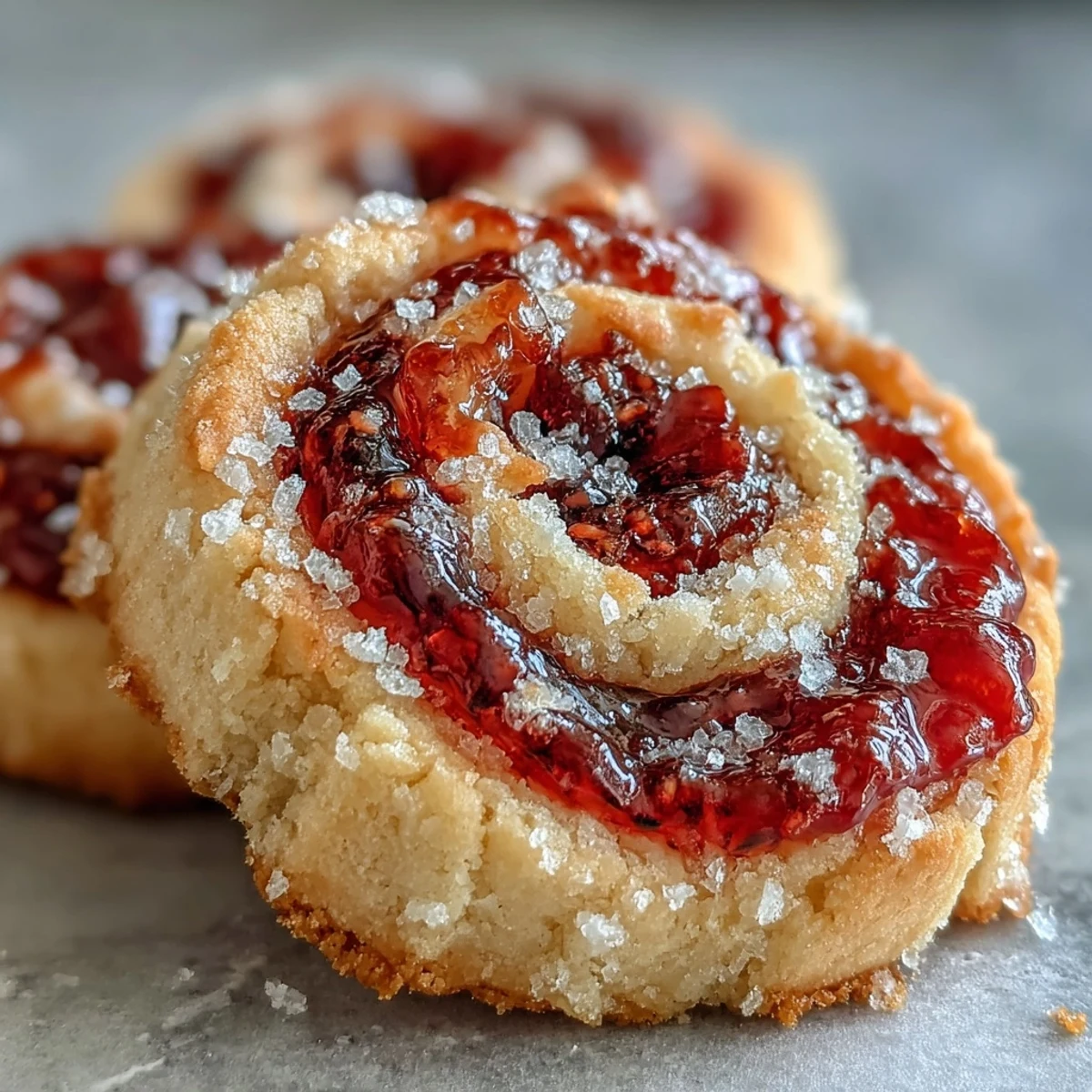 A close-up of Raspberry Swirl Shortbread Cookies highlighting the vibrant jam swirl on buttery shortbread.