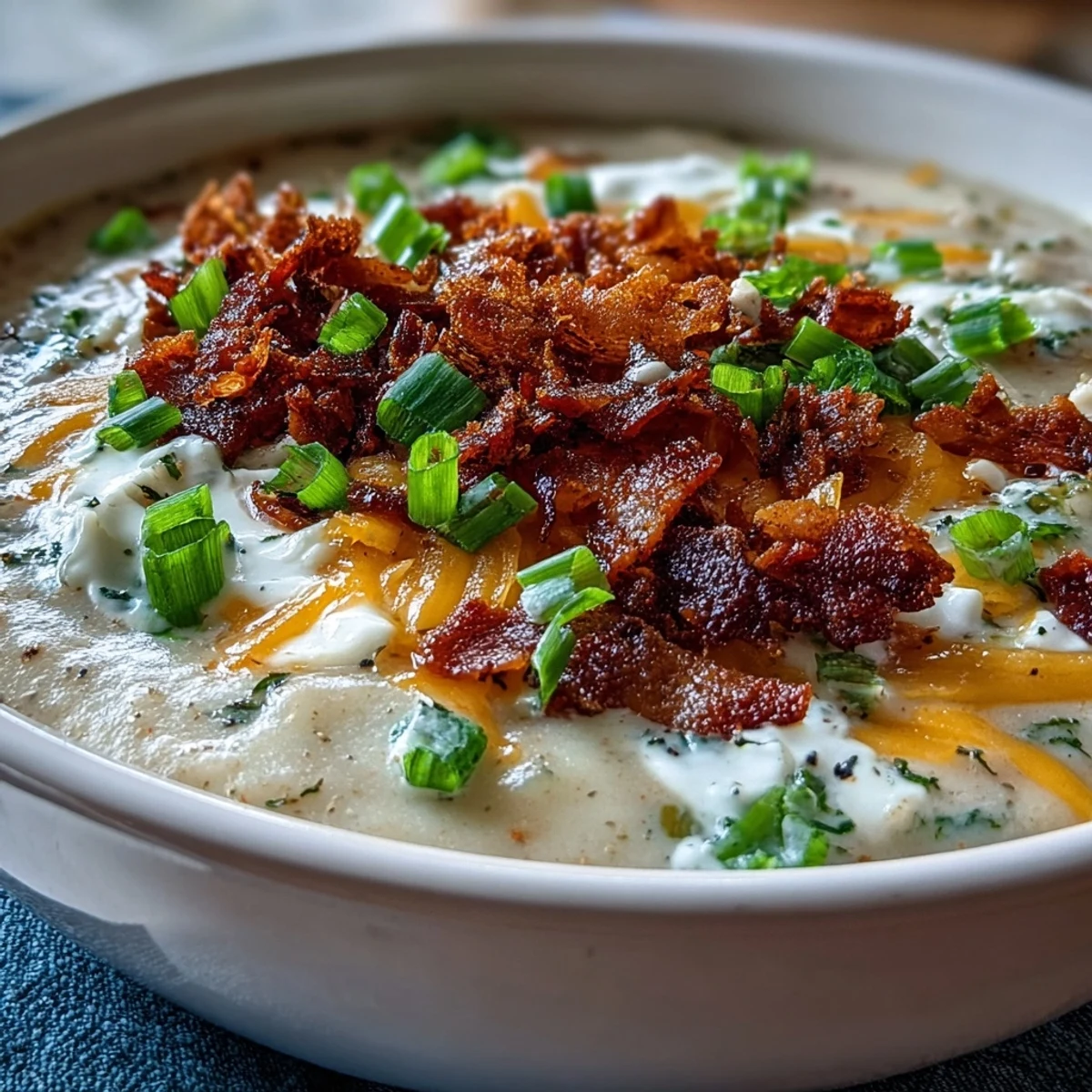 Creamy loaded potato soup in a rustic bowl, topped with crispy bacon crumbles and fresh green onions for a comforting lunch.