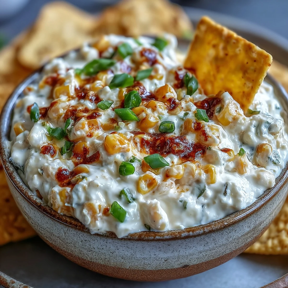 Golden, bubbly Crack Corn Dip fresh from the oven, topped with melted cheddar and green onions, served with crispy tortilla chips for scooping.