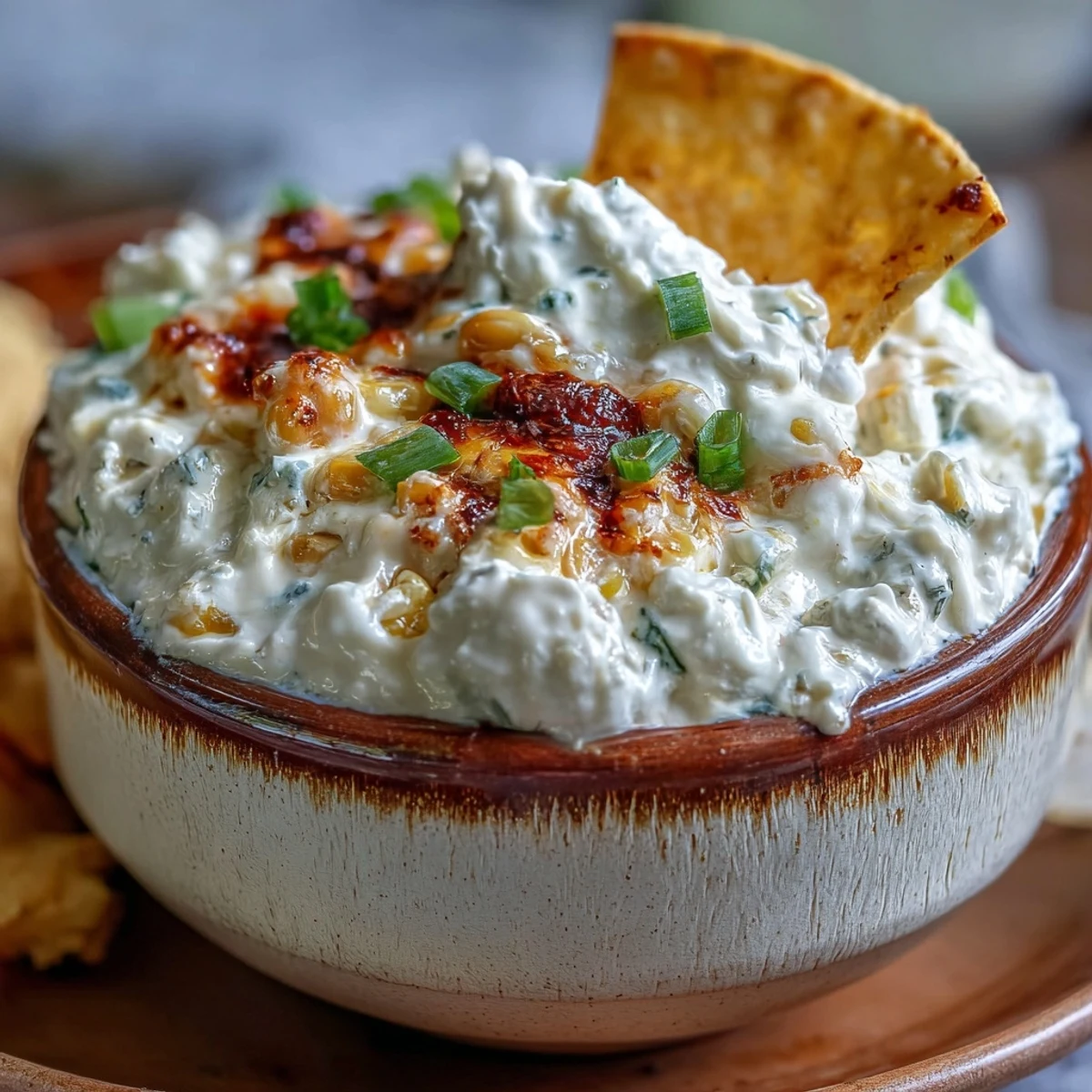 Close-up of Crack Corn Dip with melted cheese, sweet corn kernels, and fresh jalapeño slices, ideal for a festive party platter.