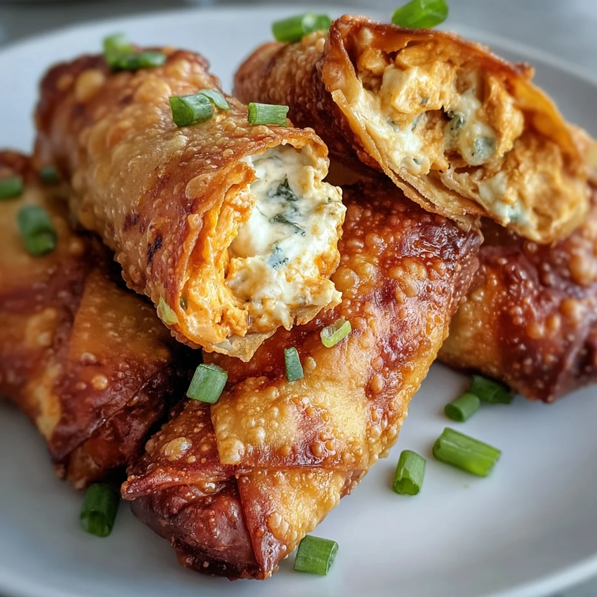 Golden-brown Buffalo Chicken Dip Egg Rolls served on a platter with a bowl of ranch dipping sauce and celery sticks.