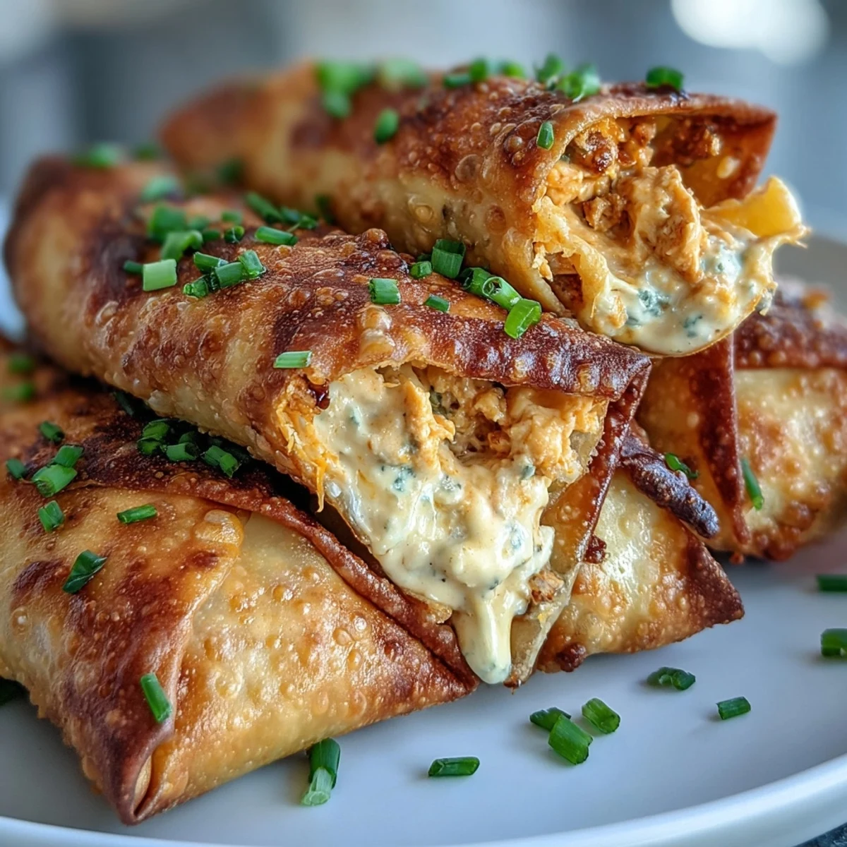 A hand holding a crispy Buffalo Chicken Dip Egg Roll, revealing a creamy, cheesy filling with green onions.