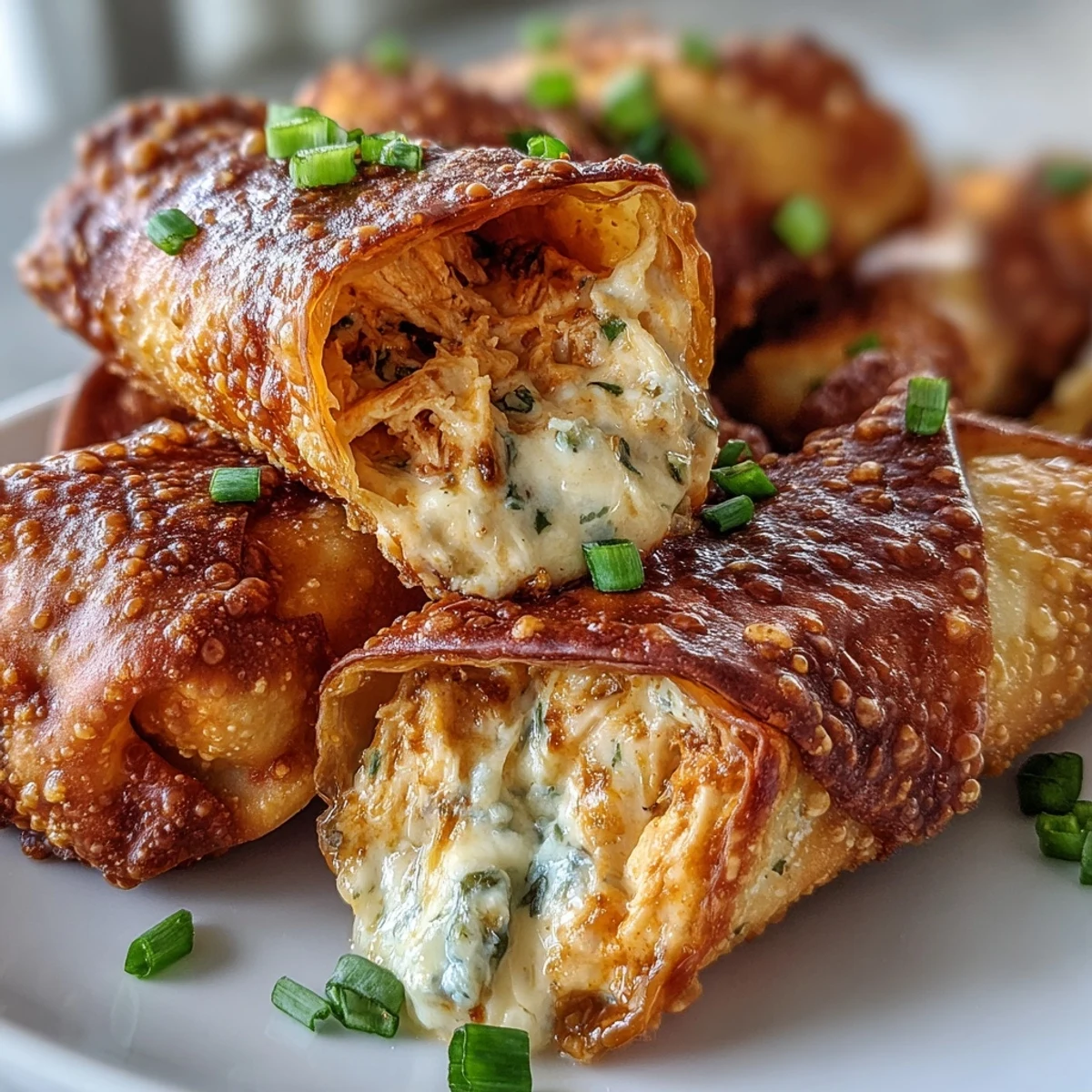 Freshly fried Buffalo Chicken Dip Egg Rolls on a wooden board, drizzled with buffalo sauce alongside carrots and ranch.