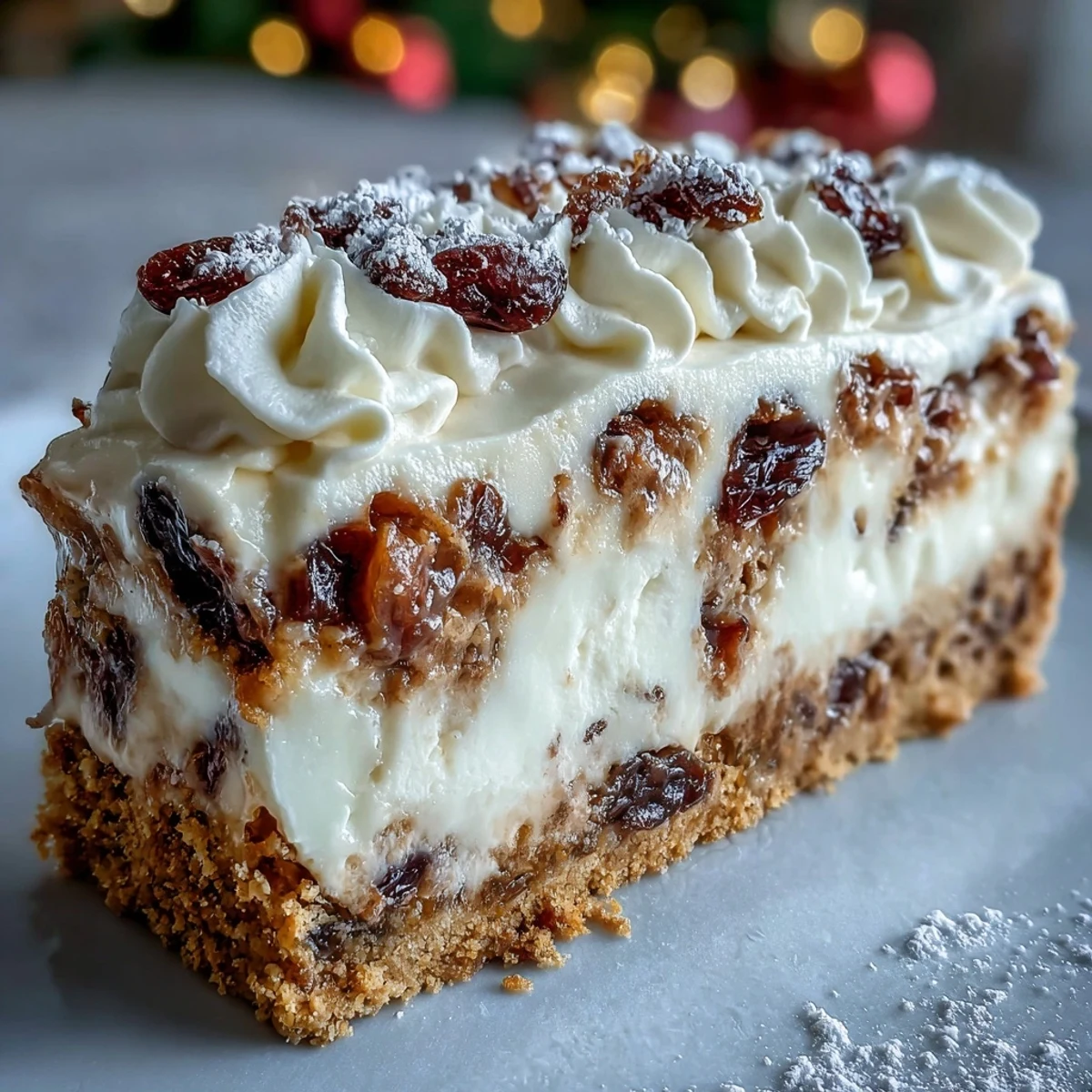 A slice of Christmas Cheesecake Slab topped with whipped cream, showing the crunchy base and vibrant dried fruits.